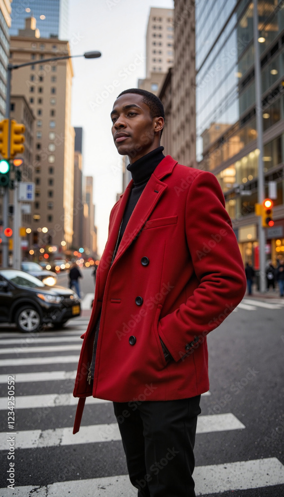 Stylish man in a red coat walking near fashion week venues Stylish man in a red coat walking near fashion week venues