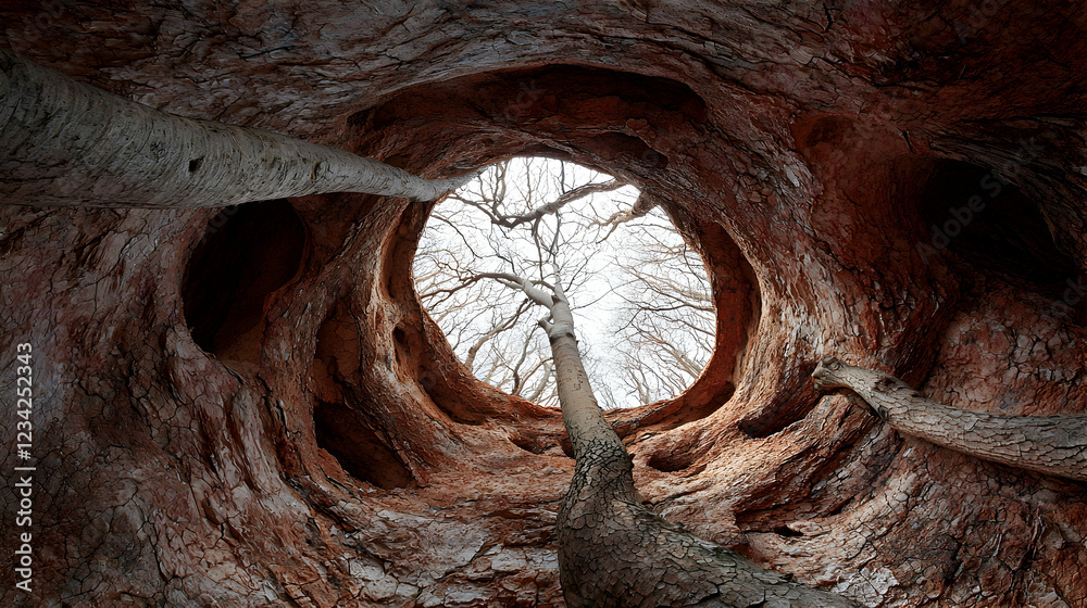 Obraz premium Trees growing through cave opening, forest background, nature exploration