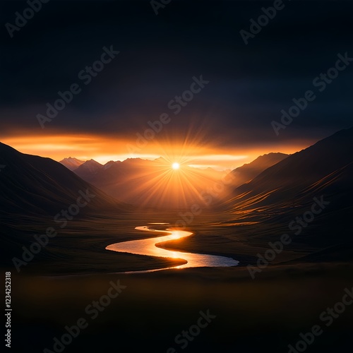 Dramatic Sunset over Mountain Valley River