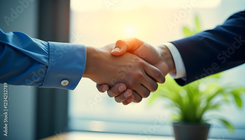 Intimate view of hands shaking in a corporate environment. Modern office background combined with a small green plant represents professionalism and cooperative spirit