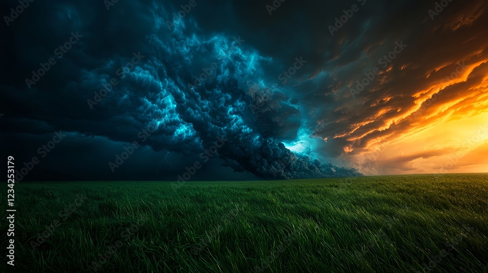 Fototapeta premium Dramatic Sunset Storm Over Green Field