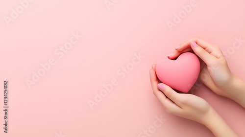 A pair of hands gently holds a pink heart against a soft pink background, symbolizing love, care, and affection.