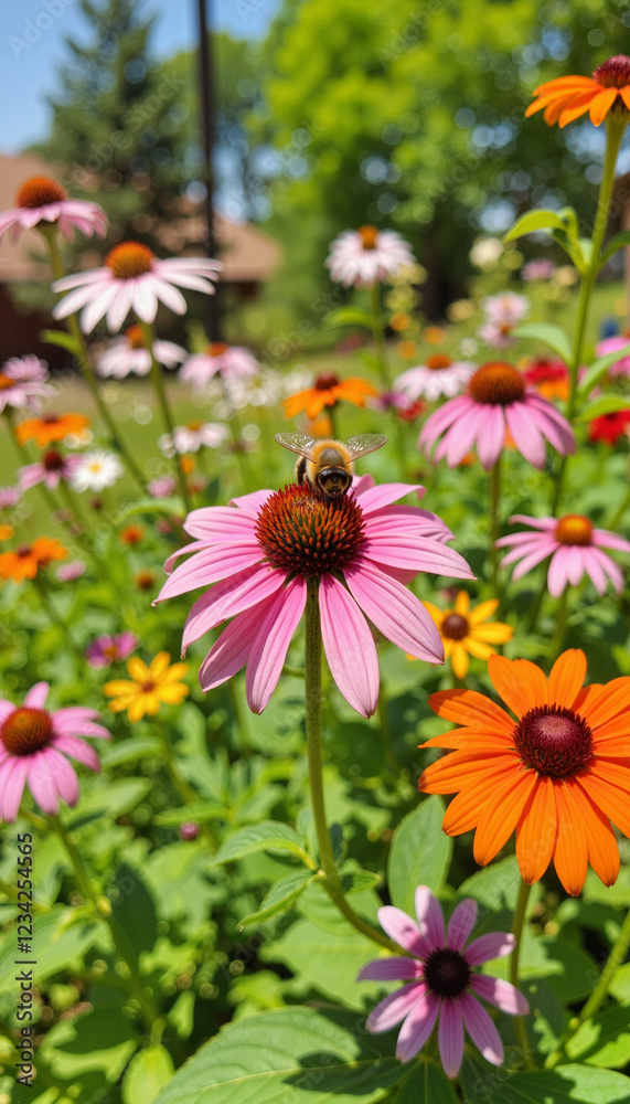 Bee pollinating colorful flowers in sunny garden, ecological awareness