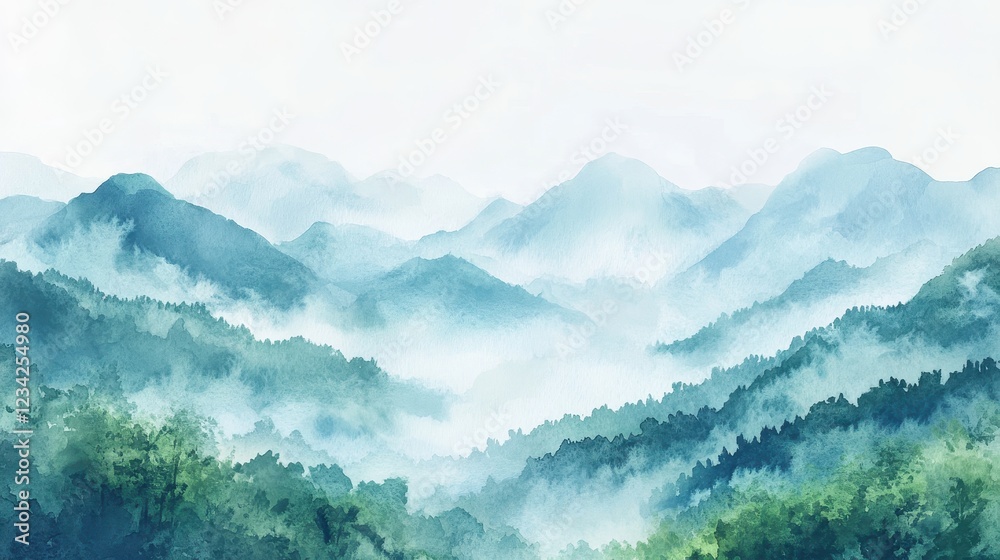 Fototapeta premium Watercolor of landscape forest misty mountains horizon and fog and hills,pine tree fir tree,Autumn forest background,drawn by hand,Autumn illustration design elements for landscape,wallpaper.