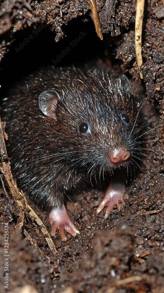 HD Phone Wallpaper Small Dark Furry Rodent Emerging from Burrow in Soil Close Up