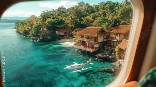 Aerial View of Tropical Resorts and Seaplane Above Crystal Clear Ocean in a Scenic Island Paradise photo