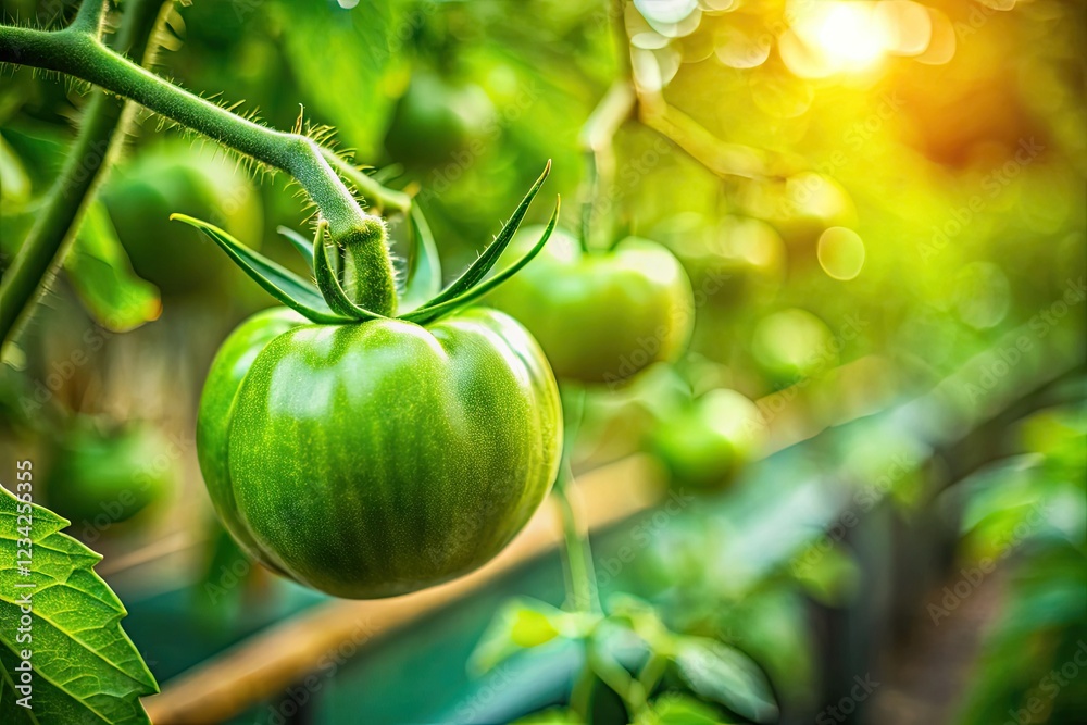 A vibrant green, unripe tomato bursts from its home greenhouse, blurred background enhancing its detail. A vibrant green, unripe tomato bursts from its home greenhouse, blurred background enhancing its detail.