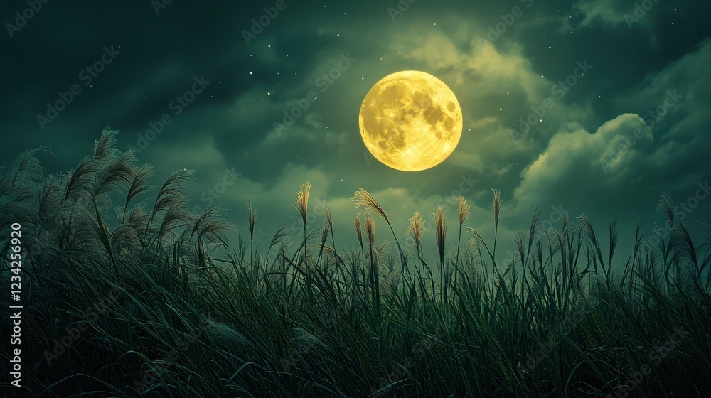 Fototapeta premium Full moon and Japanese pampas grass in midnight,The harvest Miscanthus sinensis and full moon,beautiful night sky in the countryside with the perfect moon exudes beauty in the dark.