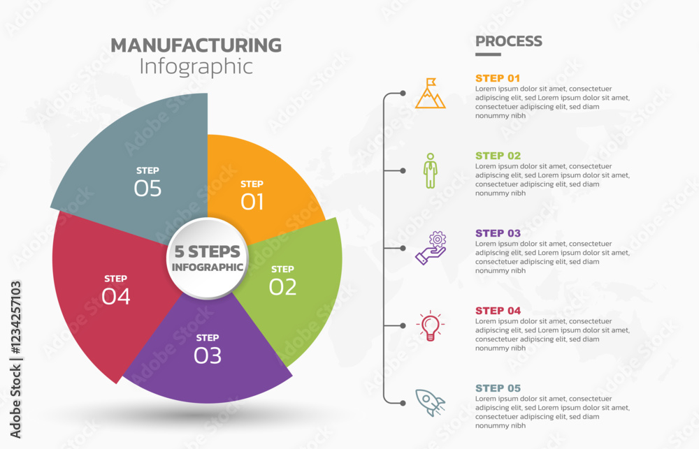 Visual data presentation. Cycle diagram with 5 options. Pie Chart Circle infographic template with 5 steps, options, parts, segments. Business concept. Editable pie chart with sectors. Single layer.