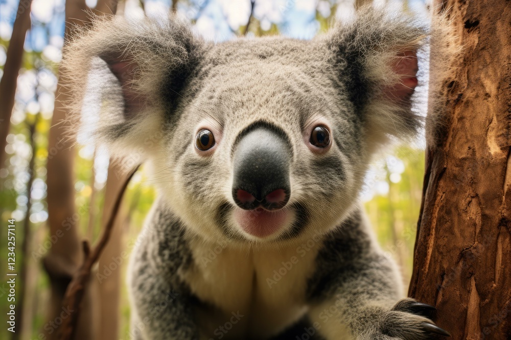 Obraz premium Adorable koala clinging to a eucalyptus tree, creating a captivating scene of australian wildlife