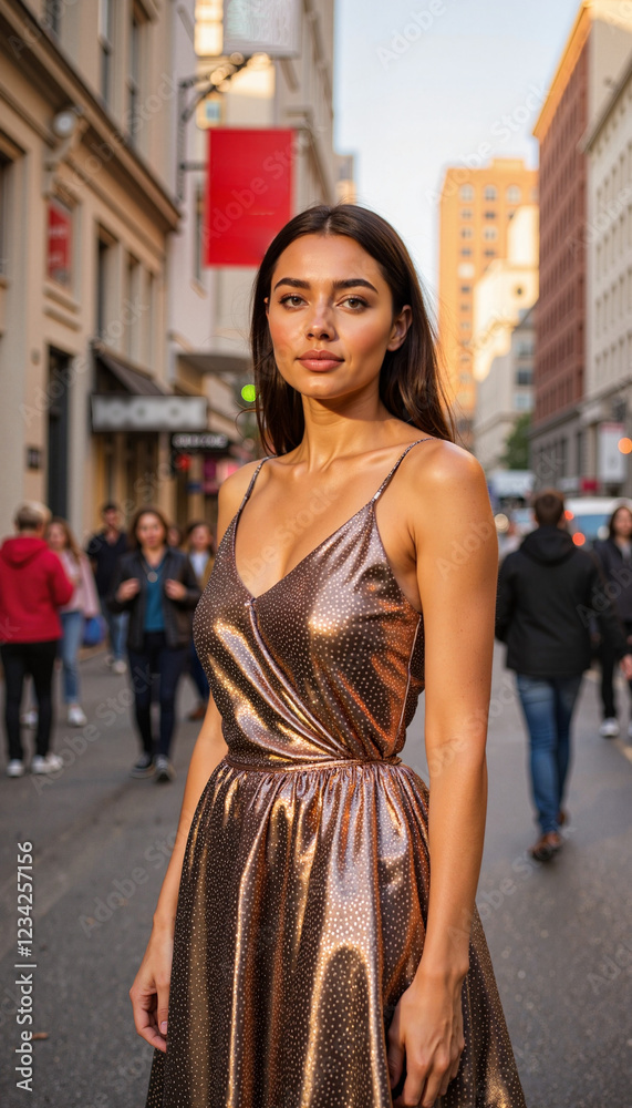Fototapeta premium Latina model posing in metallic spring dress on bustling street, fashion