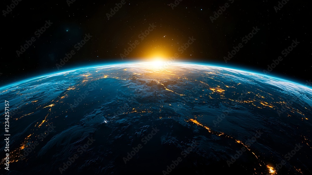 Obraz premium Earth Sunrise From Space: Blue Planet Night Lights