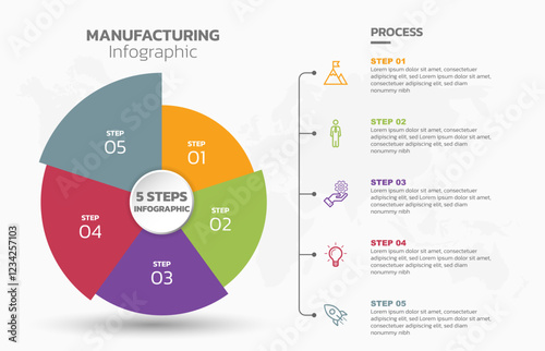 Visual data presentation. Cycle diagram with 5 options. Pie Chart Circle infographic template with 5 steps, options, parts, segments. Business concept. Editable pie chart with sectors. Single layer.