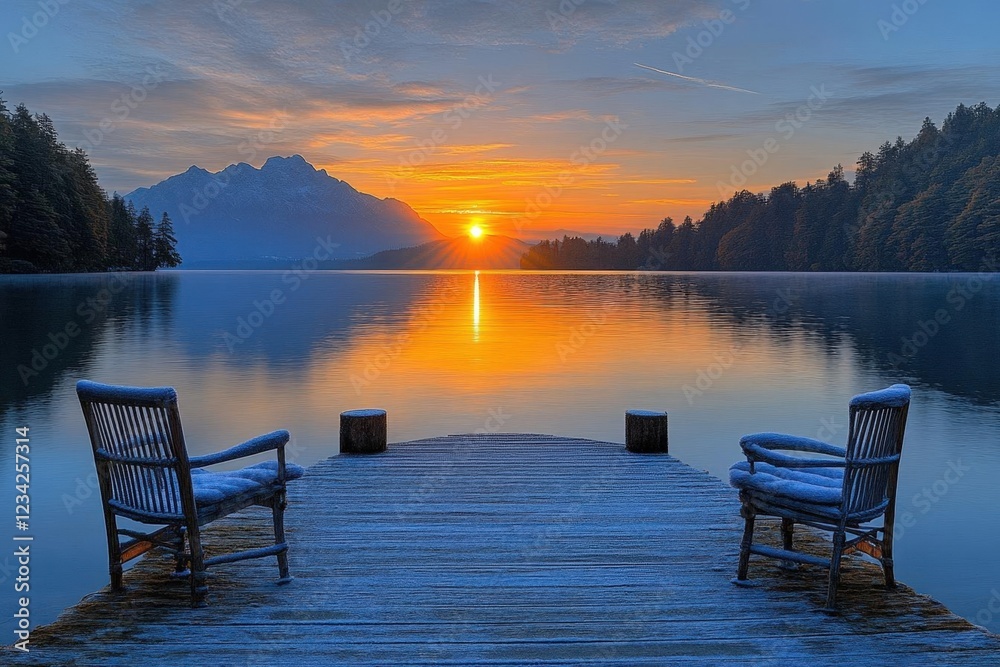 Sunrise Over Snow Covered Lake with Mountain View