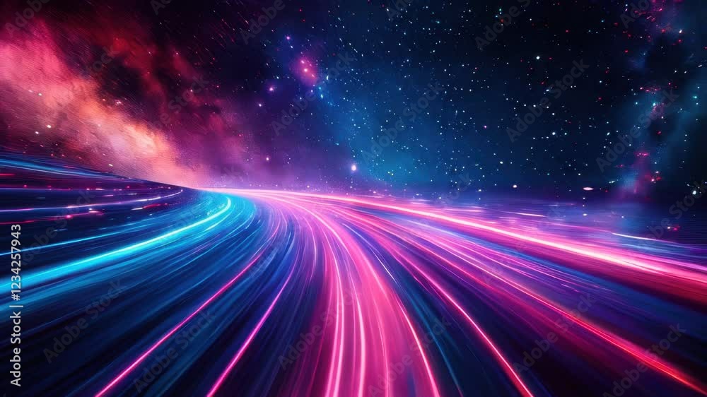 A brightly colored lines of light streak through a dark space A brightly colored lines of light streak through a dark space