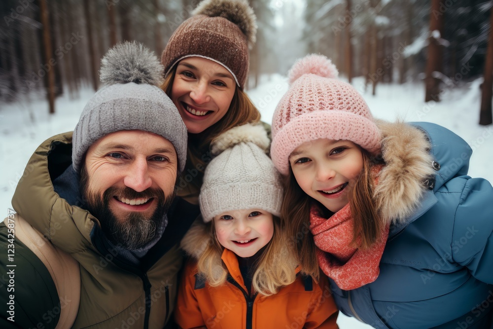 Smiling family taking selfie portrait while enjoying winter vacation in snowy forest Smiling family taking selfie portrait while enjoying winter vacation in snowy forest