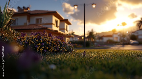 Sunset Serenity: A picturesque suburban landscape bathed in the golden hues of twilight, showcasing vibrant flowers and tranquil homes. photo