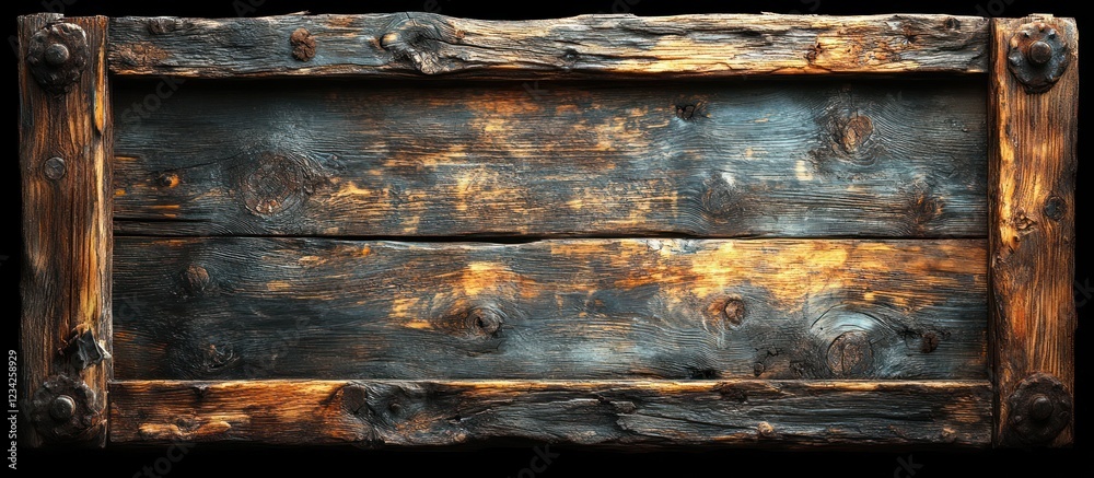 Weathered wooden crate, dark, rustic, textured background.