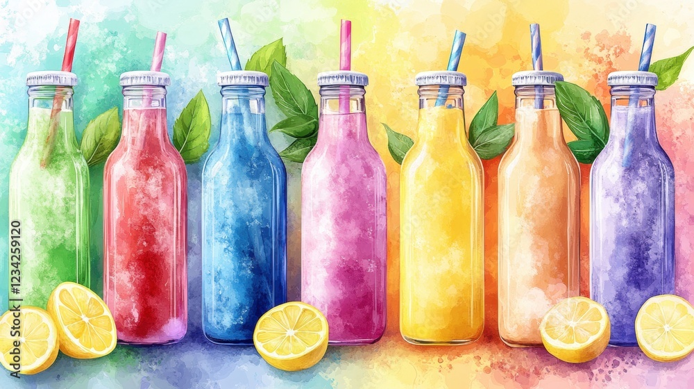 Colorful Array of Refreshing Smoothie Bottles with Lemon Slices on a Bright Background Colorful Array of Refreshing Smoothie Bottles with Lemon Slices on a Bright Background