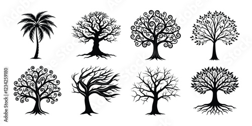 Tree silhouettes set. various trees bundle on white background