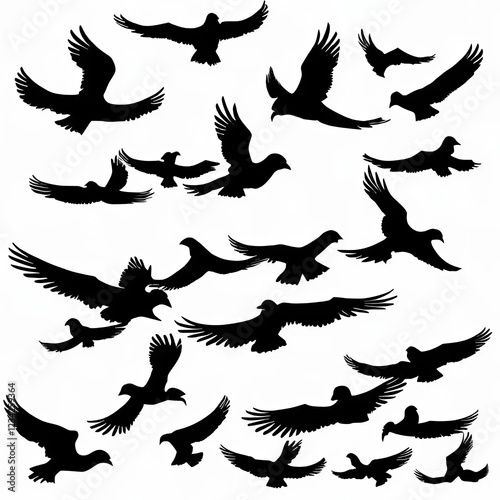 silhouettes of birds with white background;