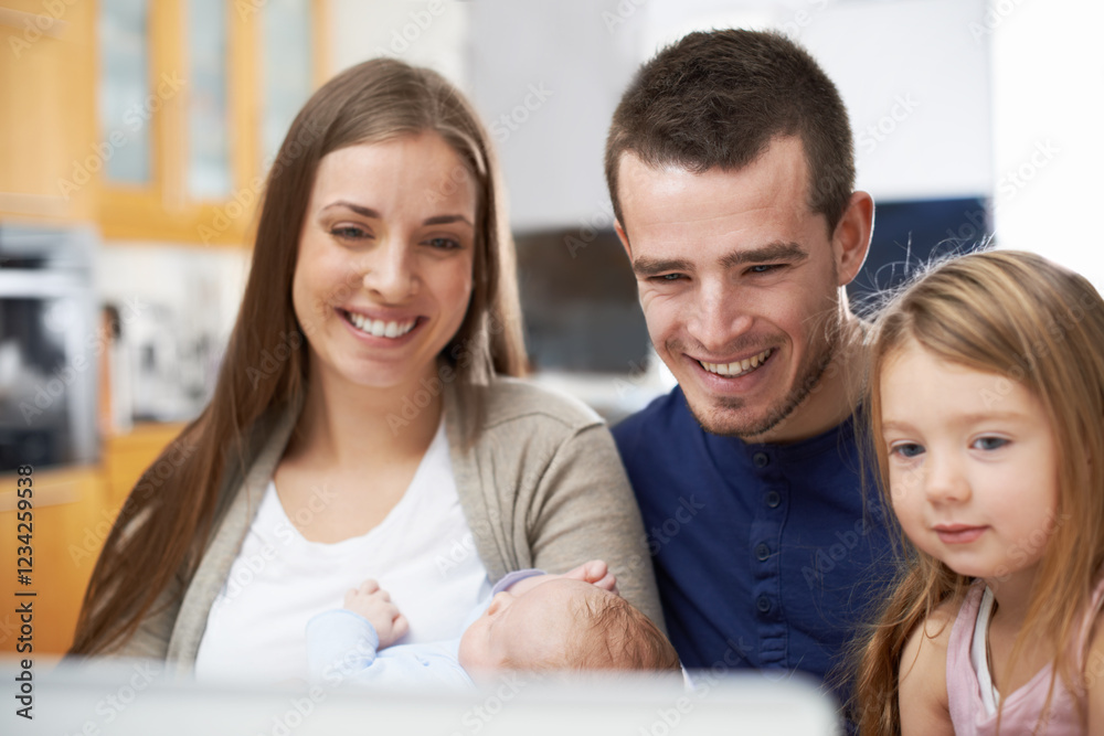Happy family, children or laptop in home for movie, streaming online or news on couch in living room. Film subscription, girl kid and parents on technology to relax with mom, dad and newborn baby Happy family, children or laptop in home for movie, streaming online or news on couch in living room. Film subscription, girl kid and parents on technology to relax with mom, dad and newborn baby