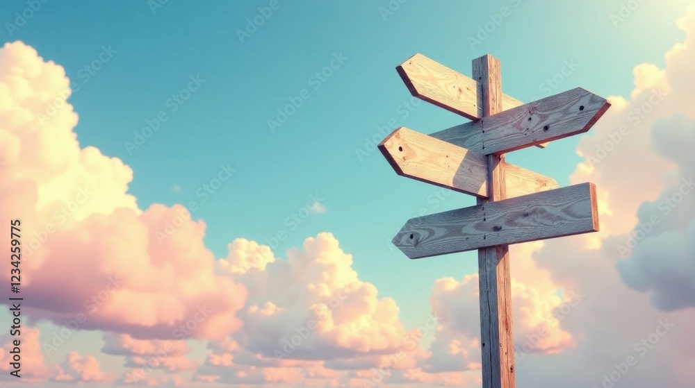 Wooden Signpost Against a Serene Sky A Symbolic Representation of Choices and Directions Wooden Signpost Against a Serene Sky A Symbolic Representation of Choices and Directions