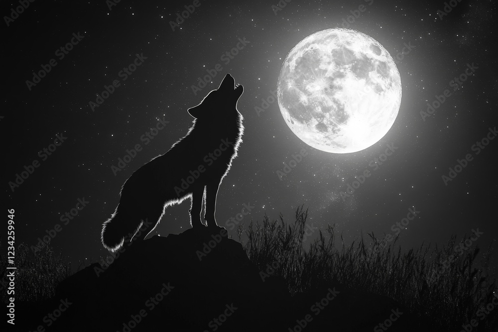 Fototapeta Wolf howling at the full moon in a night sky filled with stars