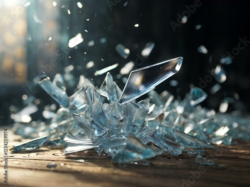 Dramatic close-up shot of shattered glass on a rustic wooden surface, with sunlight streaming through the air.