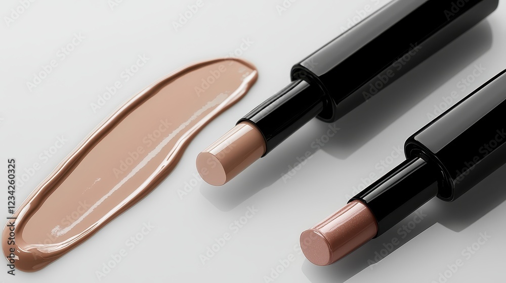 Bottles of makeup foundation and cushion,Collection of skin foundation bottles in different shades and samples on color background,makeup essentials,Cushion Foundation liquid and swatche,copy space.