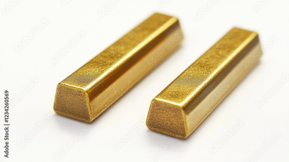 Two gold bars sit on a clean white surface, ready for counting or display Two gold bars sit on a clean white surface, ready for counting or display