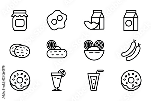 Breakfast Food Line Icon Set – Minimalist Black Line Vector Icons