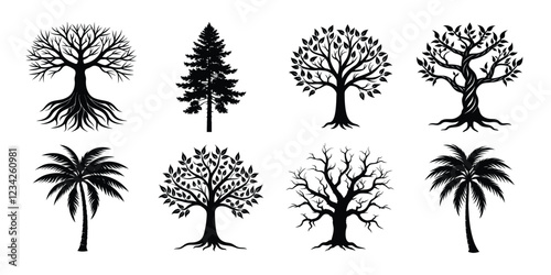 Tree silhouettes set. various trees bundle on white background