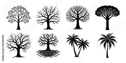 Tree silhouettes set. various trees bundle on white background