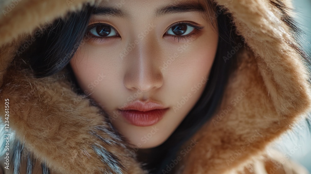 A woman wears a fur coat with a hood over her head, perfect for cold winter days or outdoor activities A woman wears a fur coat with a hood over her head, perfect for cold winter days or outdoor activities