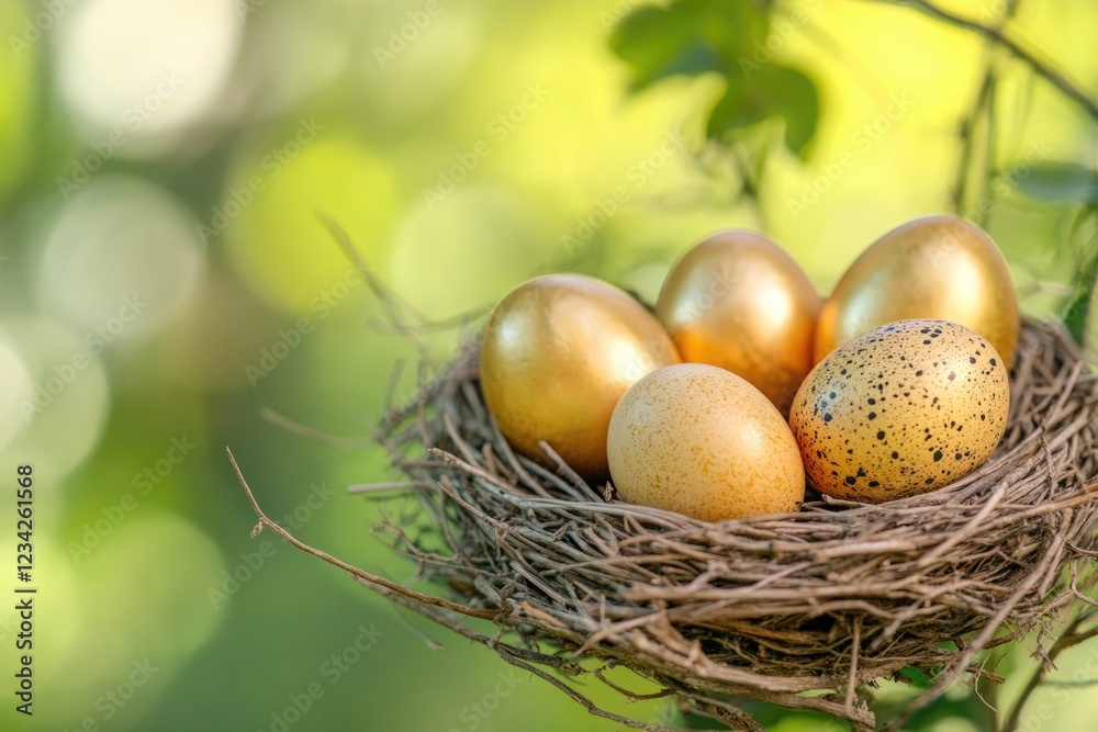 A close-up shot of four golden eggs nestled in a natural tree branch A close-up shot of four golden eggs nestled in a natural tree branch