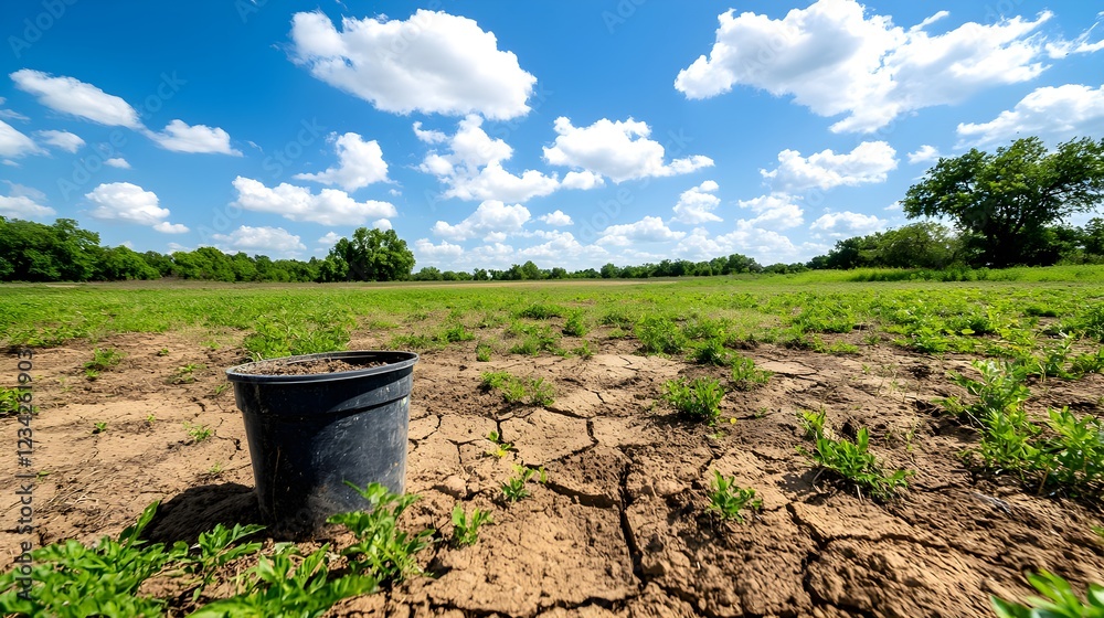 Empty Field with a Black Planting Pot Under Sunny Sky