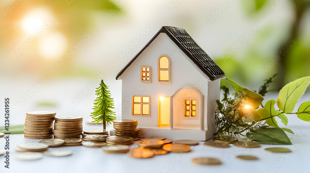 custom made wallpaper toronto digitalModel house surrounded by coins and greenery symbolizes financial investment and homeownership