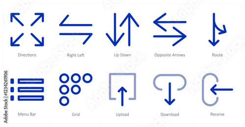 A set of 10 directions icons as directions, right left, up down
