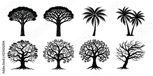 Tree silhouettes set. various trees bundle on white background