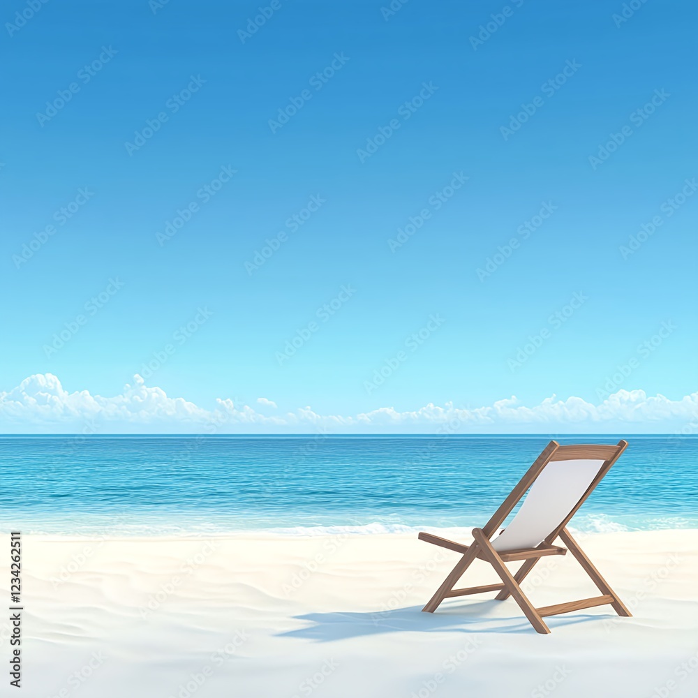 Empty Wooden Beach Chair on White Sand Beach with Blue Empty Wooden Beach Chair on White Sand Beach with Blue