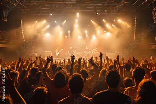 Crowd enjoys live music performance at an indoor concert venue with vibrant lighting and energetic atmosphere