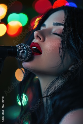 A woman performing live music with a microphone in front of colorful stage lights