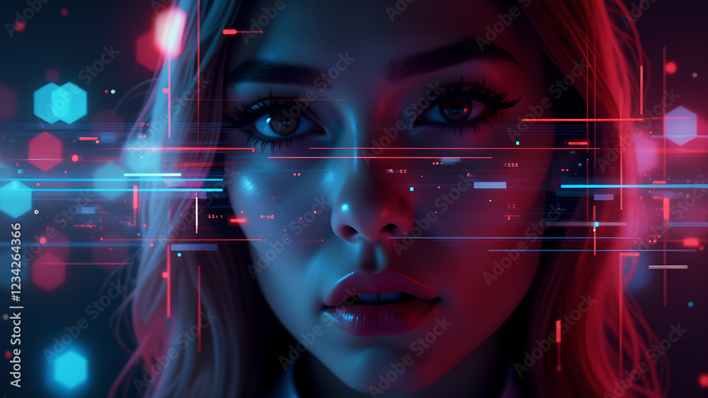 Futuristic portrait with neon lights and data overlay Futuristic portrait with neon lights and data overlay