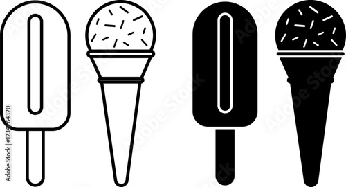 Ice Cream Cone Icons. Black and White Vector Icons. Delicious Sweet Cold Dessert. Brazilian Carnival Concept