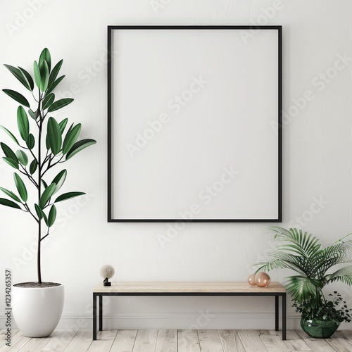 A minimalist interior with a blank square picture frame on a white wall. a plant. a wooden bench and a small round lamp on a light wooden floor