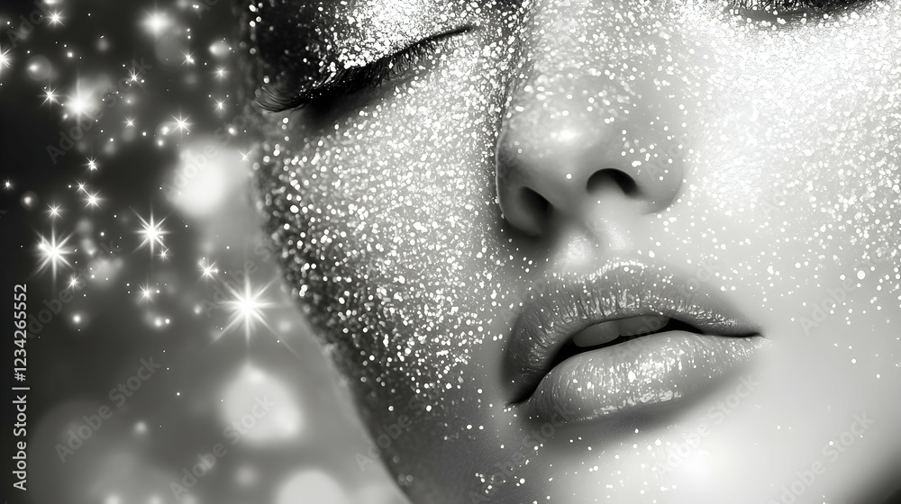 Portrait of a woman with shimmering makeup and sparkling effects captured in a high-contrast black and white setting Portrait of a woman with shimmering makeup and sparkling effects captured in a high-contrast black and white setting