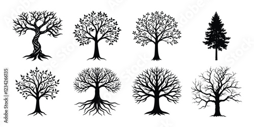 Tree silhouettes set. various trees bundle on white background