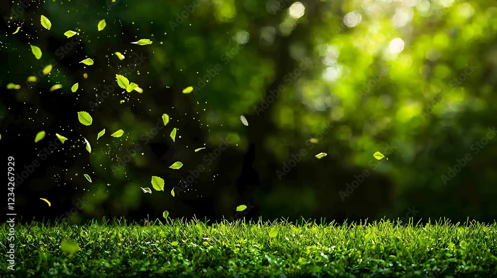 Falling Green Leaves Over Lush Grass Falling Green Leaves Over Lush Grass