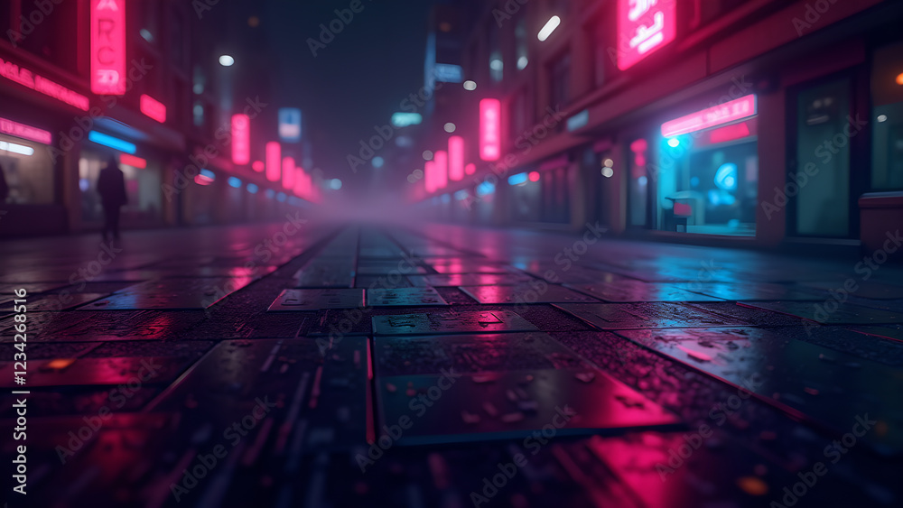 Neon Cityscape at night with wet pavement reflection